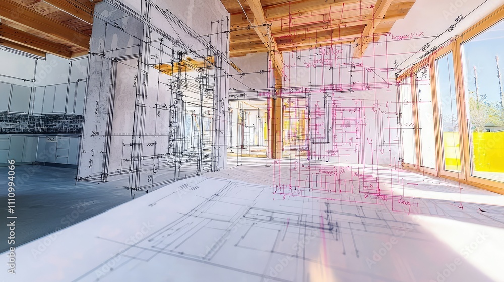 Poster modern architectural design in progress showcasing detailed blueprints and 3d renderings in a bright