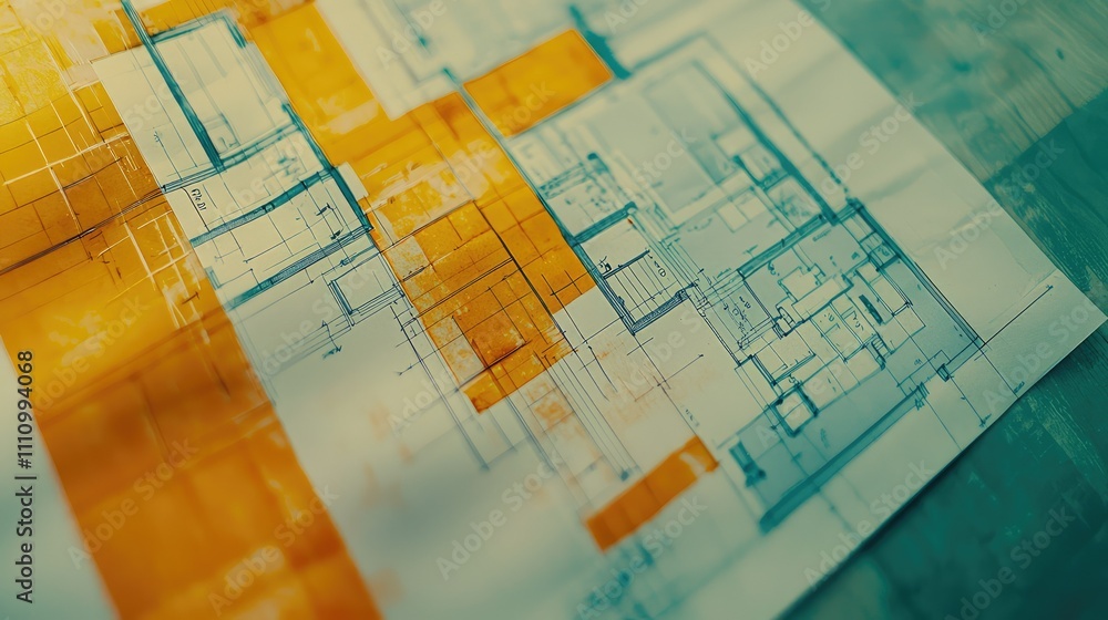 Poster abstract architectural blueprint design showcasing intricate floor plans and vibrant color highlight