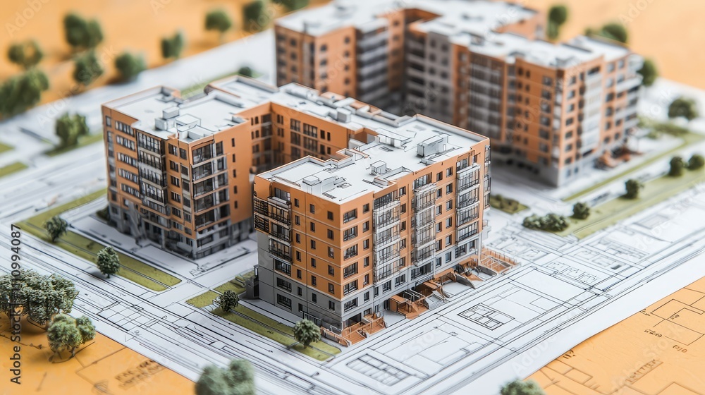 Poster Detailed Architectural Model of Modern Residential Buildings on Blueprint Background Showcasing Design and Layout for Urban Development Projects