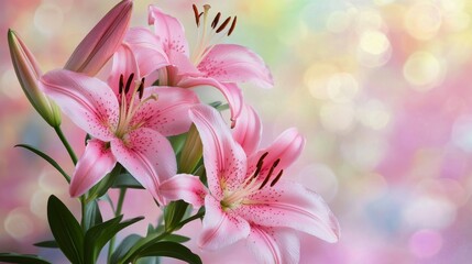 Obraz premium Beautiful pink lilies thriving in a serene garden setting with a soft bokeh background