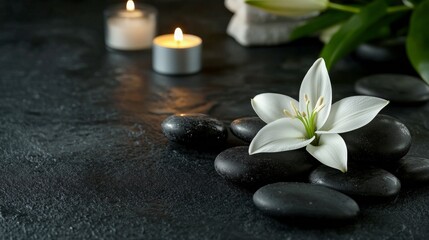 Elegant white lily surrounded by candles and stones on a dark surface for relaxation