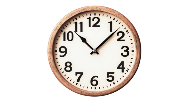 Classic round clock with wooden frame, white isolated background.