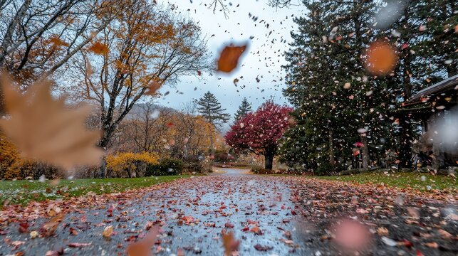 Captivating Autumn Scene with Colorful Leaves Falling on a Serene Pathway in a Vibrant Nature Landscape