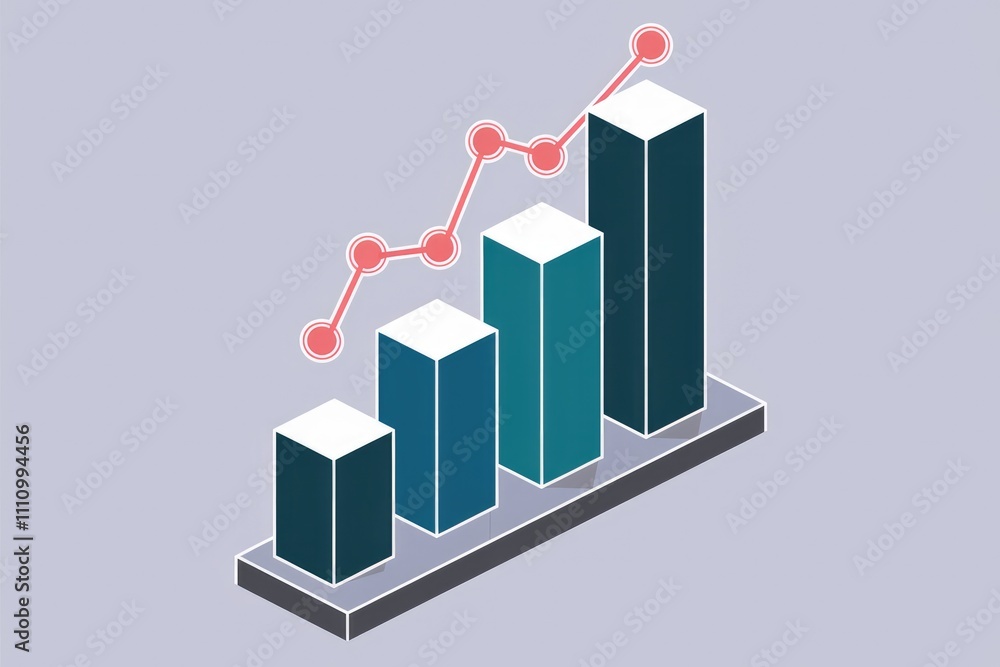 Poster Isometric bar chart with red line showing upward trend.