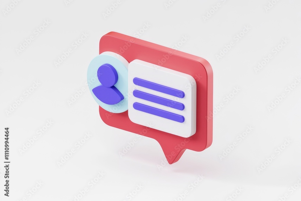 Poster 3D icon of a red speech bubble with a user profile and three lines