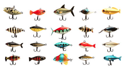 Colorful collection of fishing lures on a white isolate background