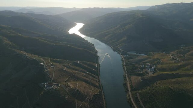Douro Valley and Douro River on Sunny Morning. Green Hills and Mountains. Portugal. Aerial Drone Shot. Moving Forward