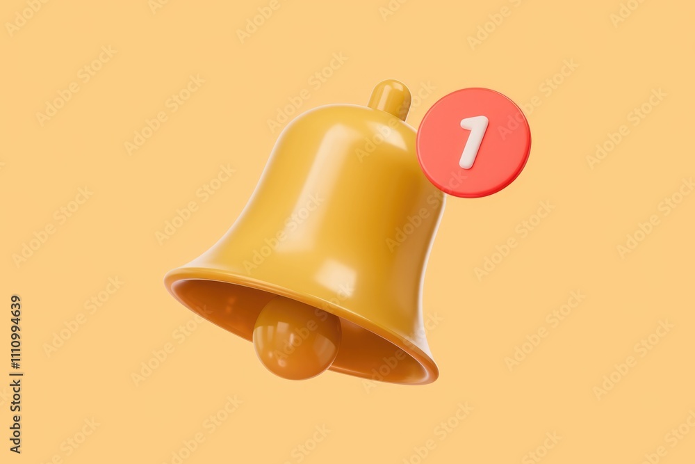 Poster a 3d rendered golden bell with a red notification badge showing one new notification.