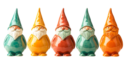 Colorful garden gnomes lined up, white isolate background