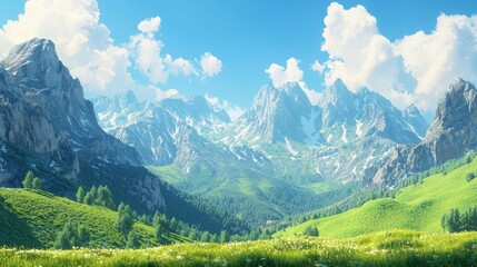 Fototapeta premium Majestic Mountain Landscape with Lush Green Meadows and Towering Peaks Under a Clear Blue Sky with Fluffy White Clouds in a Serene Natural Setting