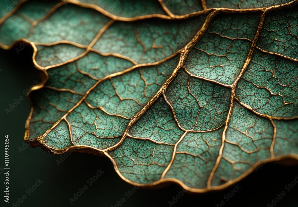 Poster close-up of an intricate leaf with textured surface and golden edges, showcasing nature's fine detai