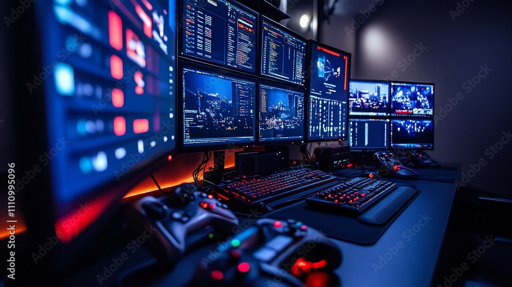 Leinwandbilder Advanced gaming setup with multiple monitors displaying data and visuals.