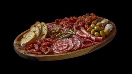 Obraz premium Charcuterie platter with bread, salami, sun dried tomatoes, and olives on wooden board