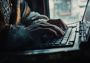 Close-up of Hands Typing on a Laptop Keyboard with Ornate Clothing, Capturing the Art of Writing in a Cozy and Inviting Environment
