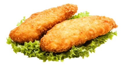 Crispy breaded fish fillets on fresh lettuce, isolated background.