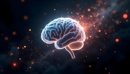 Fototapeta premium A digital representation of artificial intelligence with glowing white neural connections, highlighted in a dark void, enhanced with particle effects and swirling cosmic elements.