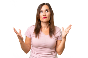 Middle-aged caucasian woman over isolated background stressed overwhelmed