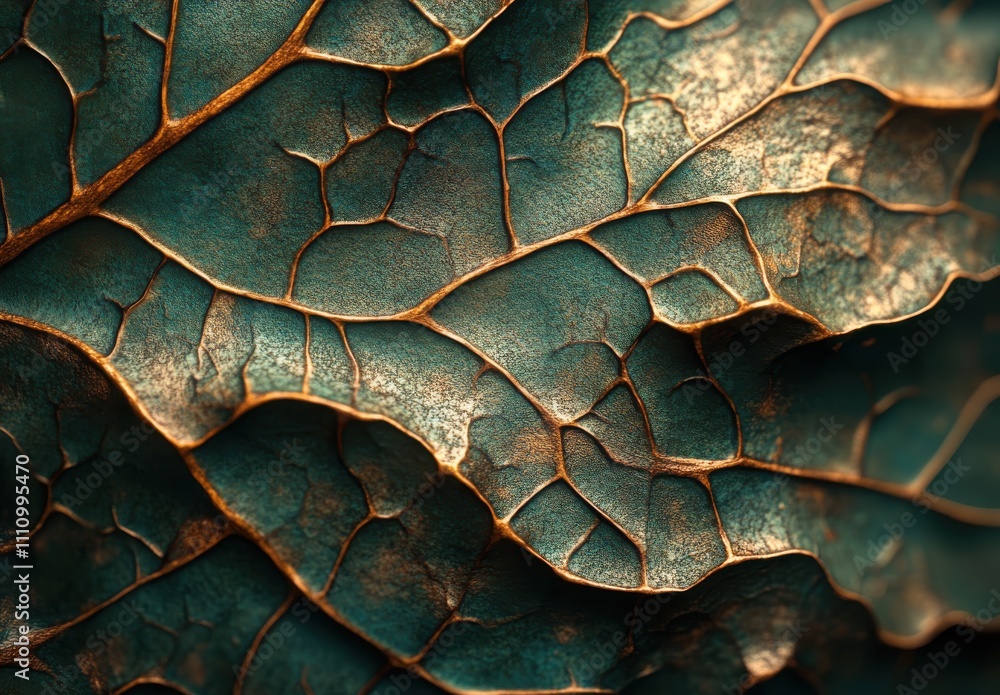 Poster close-up of intricate textures on brown and teal leaves displaying natural patterns and creases in s
