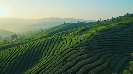 Fototapeta premium Lush Green Tea Plantations Covering Rolling Hills with Gentle Sunrise Light and Serene Landscape in the Background Creating a Peaceful Atmosphere