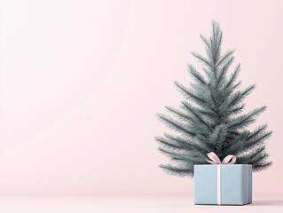 Minimalistic Christmas background with a soft pink gradient, a delicate frosted pine tree, and a pastel blue gift box wrapped with a pink ribbon. A gentle and elegant design with copy space for text 
