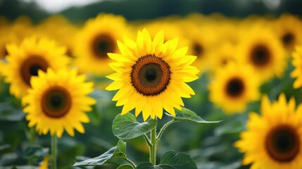 Obraz premium Vibrant Sunflower in Full Bloom Surrounded by a Field of Sunflowers Under a Clear Sky Offering a Perfect Summer Scene for Nature Lovers and Photography Enthusiasts