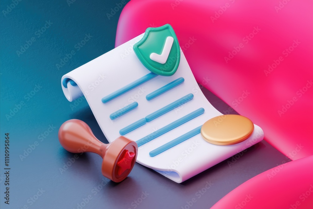 Poster 3d illustration of a document with a checkmark and a stamp