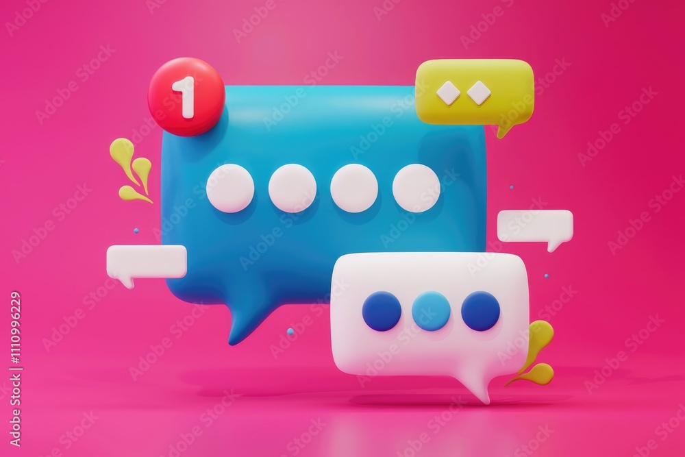 Poster 3d render of colorful speech bubbles with notification on pink background.