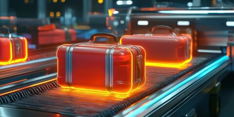 A futuristic scene featuring glowing red suitcases on a conveyor belt, suggesting advanced luggage handling technology in a travel environment.