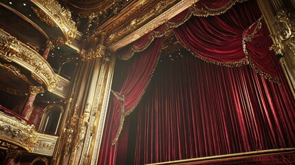 Exquisite Interior of a Luxurious Theater with Ornate Gold Details, Rich Red Drapes, and a Grand Stage Ready for an Enchanting Performance