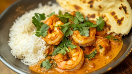 Photo of, A mouthwatering plate of coconut curry shrimp served with jasmine rice and naan bread, Curry shrimp plate centered