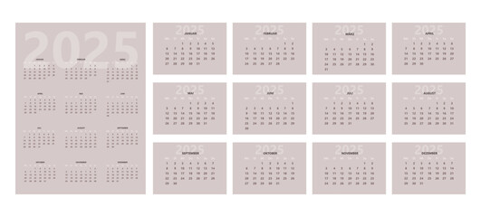 2025 horizontal calendar design template, simple and clean design. Calendar in German. The week starts on Monday.