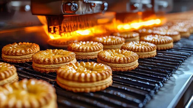Freshly baked cookies on a conveyor belt in a confectionery factory, highlighting texture and uniformity