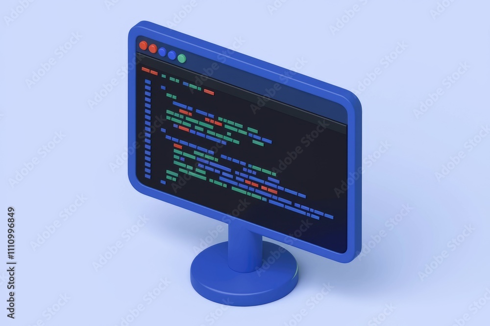 Poster A 3D isometric rendering of a computer monitor displaying code.