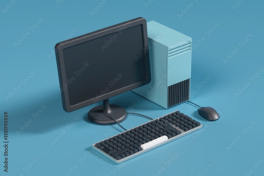Poster A simple computer setup with a monitor  keyboard and mouse.