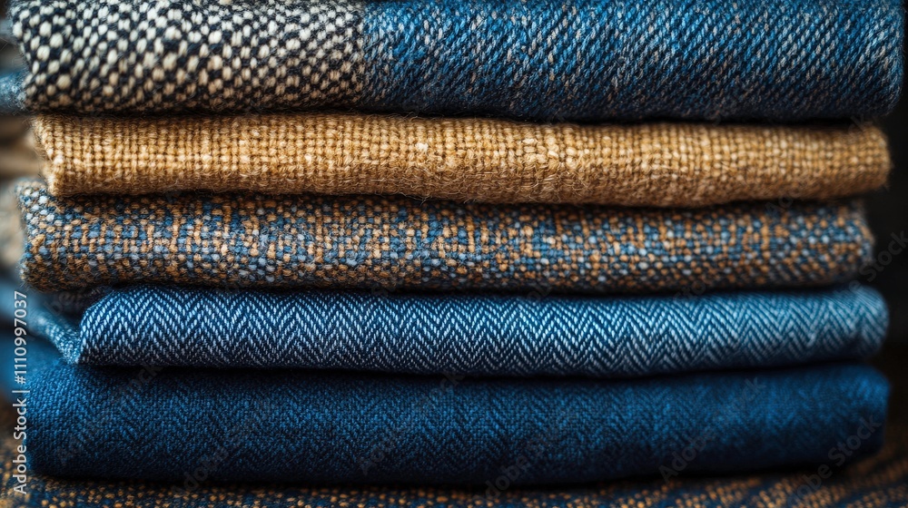 Aufkleber collection of various fabrics displaying different textures and patterns in shades of blue, tan, and