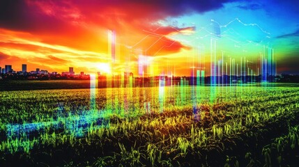 Vibrant Sunset over Smart City with Digital Agriculture Interface