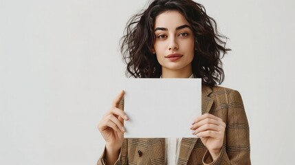 A woman in a stylish blazer, holding a blank advertisement card with both hands, against a pure white background