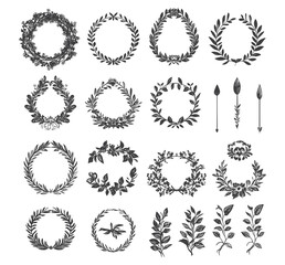 Collection of Decorative hand drawn Vintage Laurel Wreaths and Floral Frames