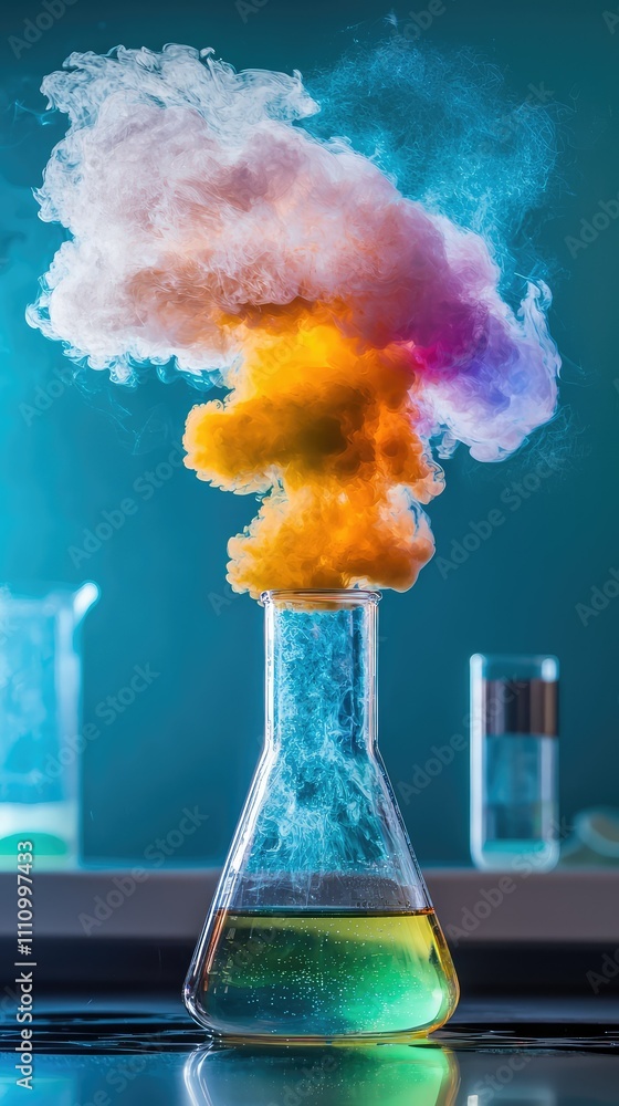 Poster colorful smoke emanating from laboratory flask with bright liquid, creating a stunning visual of che