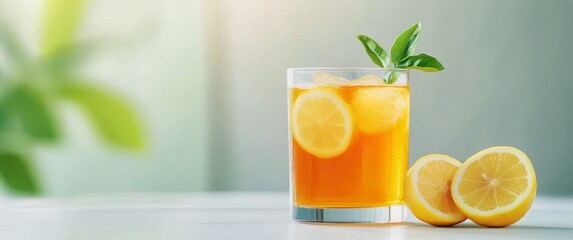 Refreshing citrus drink with ice and lemon on a light background