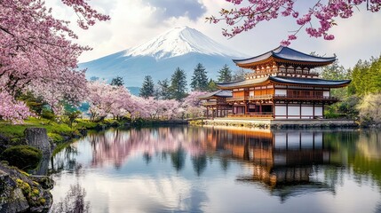 Serene Cherry Blossom Scene by Tranquil Lake with Majestic Mount Fuji in the Background, Showcasing Japanese Architecture and Natural Beauty