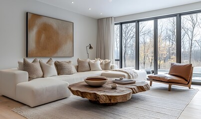 Bright and cozy room with a large, comfortable sofa, natural wood coffee table, and soft, warm-toned decor. Scandinavian home interior design of modern living room.
