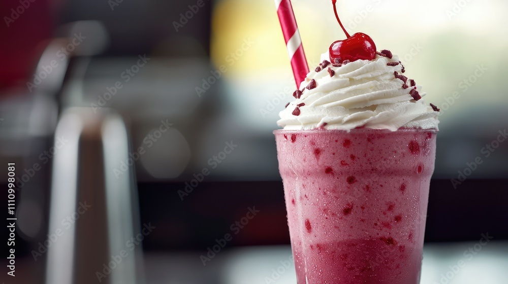 Poster refreshing strawberry milkshake with whipped cream and cherry topping served in a glass with colorfu