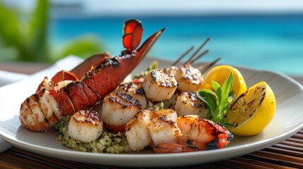 Photo of, A mouthwatering plate of grilled seafood featuring lobster tail, shrimp skewers