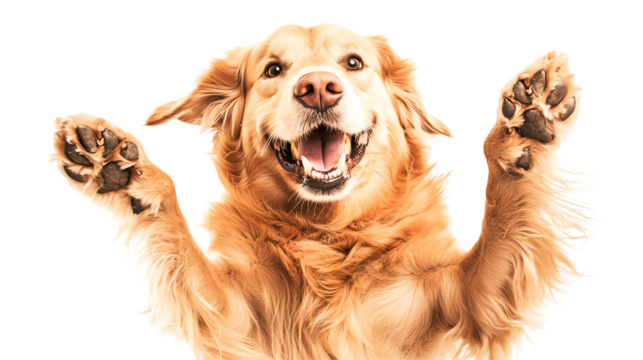 Happy golden retriever jumping in excitement, white isolate background