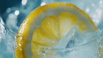 Refreshing lemonade with ice and lemon slices on a bright blue background