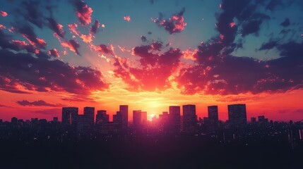 Breathtaking Sunset Over Urban Skyline with Dramatic Cloud Patterns Highlighting Vibrant Orange and Purple Hues, Capturing the Essence of City Life and Nature’s Beauty