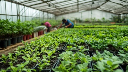 Greenhouse Gardeners Tending to Young Plant Seedlings