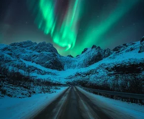 Selbstklebende Fototapeten Northern lights over rural road, snowy mountains at winter starry night in Lofoten, Norway. Aurora borealis and snowy rocks. Landscape with glowing green polar lights. Winter wonderland. Space © den-belitsky