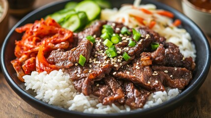 Fototapeta premium Photo of, A mouthwatering plate of Korean barbecue bulgogi served with steamed white rice, kimchi